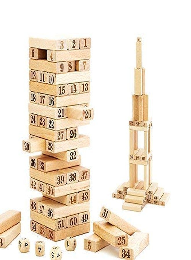 Authfort Multi Coloured 51 Pcs Blocks 4 Dices Wooden Numbered Building Bricks Stacking Classic Traditional Toppling Tumbling Tower Game - Image 3